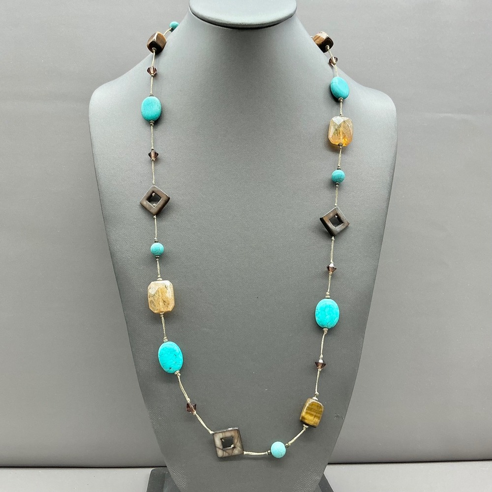 Premier Designs Necklace Faux Turquoise Brown Beaded Long Strand Fashion Jewelry